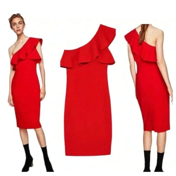 Zara One Shoulder Candy Apple Red Ruffled Pencil Dress Midi Length Holiday Sz M - Picture 2 of 13